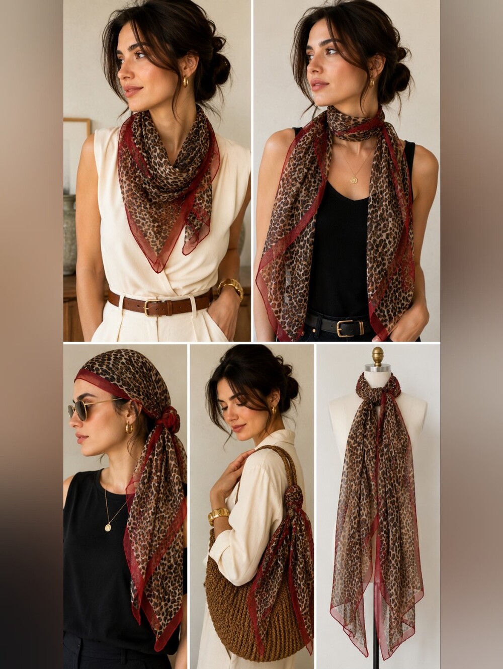 100% Silk Long Scarf 20"x67" Animal Print Brown Tan Red Lightweight Wrap